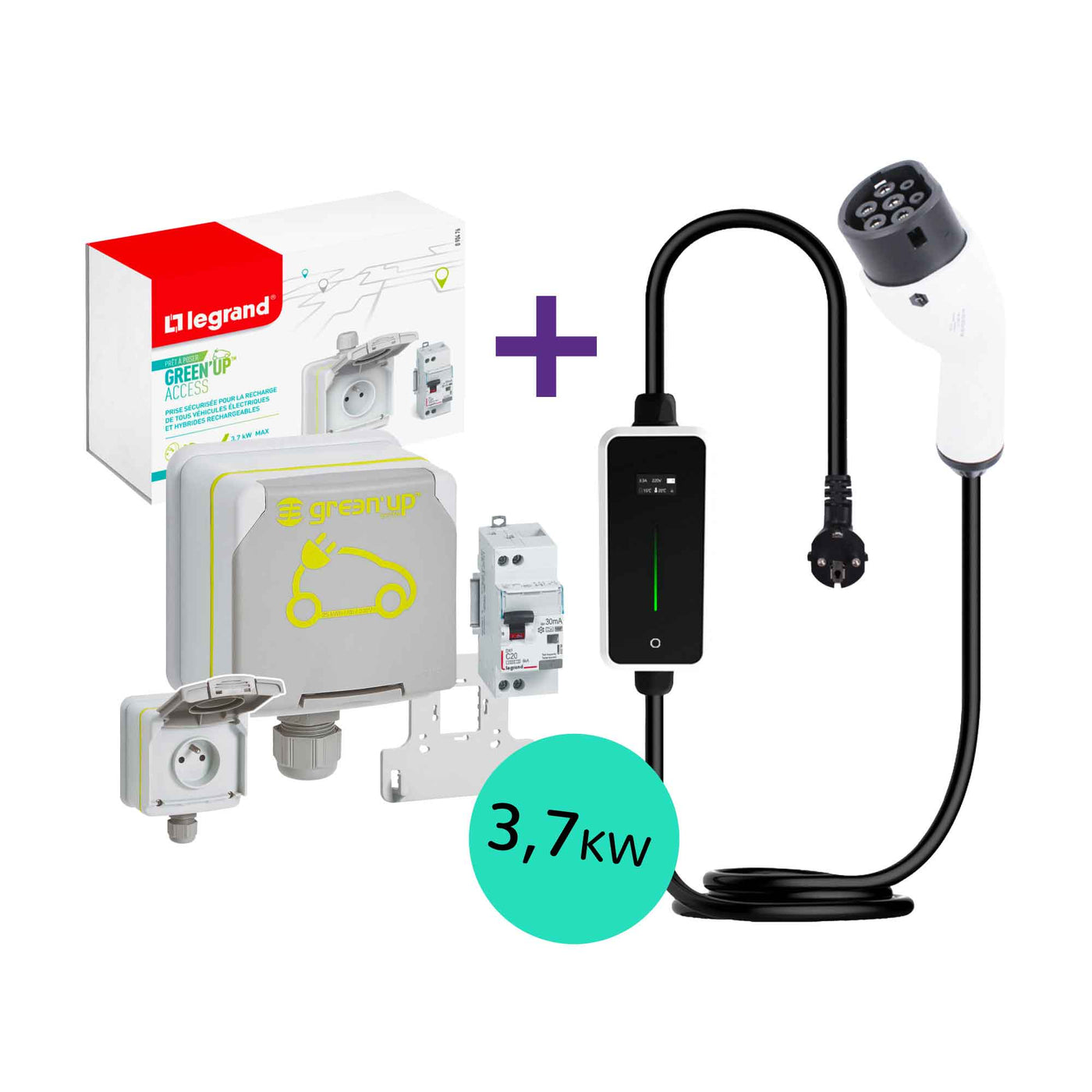 pack recharge 3,7kw prise green'up et cable pour prise 16 amperes